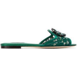 Dolce & Gabbana, Schoenen, Dames, Groen, 35 EU, Groene kristalversierde kanten sandalen