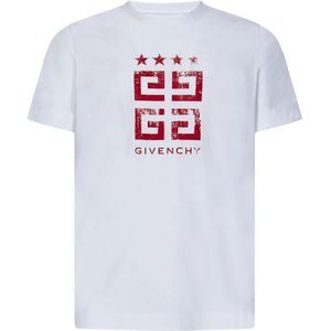Givenchy, Tops, Heren, Wit, M, Katoen, Heren Wit Slim-Fit T-Shirt met Rood 4G Stars Print
