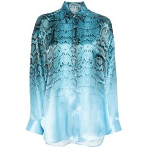 Ermanno Scervino, Zijden Crepe Snakeskin Print Overhemd Blauw, Dames, Maat:M