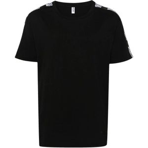 Moschino, Tops, Heren, Zwart, S, Katoen, Zwarte Logo Streep T-shirts en Polos