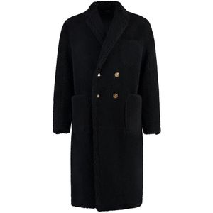 Thom Browne, Mantels, Heren, Zwart, 2Xl, Shearling Lapel Overcoat Leather Lining