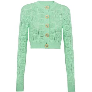 Balmain, Truien, Dames, Groen, 2Xs, Polyester, Monogram gebreide vest