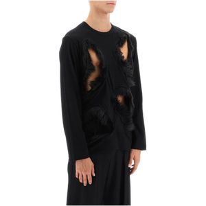 Comme des Garçons, Tops, Heren, Zwart, M, Katoen, T-shirt met Faux Fur-Trimmed Cut-Outs