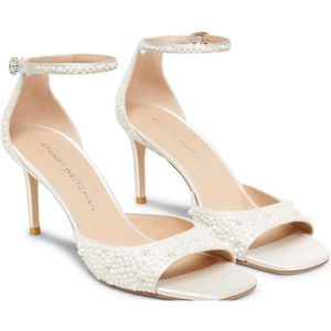 Stuart Weitzman, Schoenen, Dames, Beige, 40 EU, Parelversierde vierkante-teensandaal