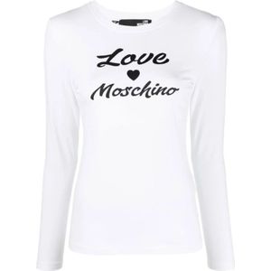 Love Moschino, Tops, Dames, Wit, M, Katoen, Lange mouw katoenen logo print tee