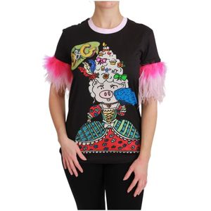 Dolce & Gabbana, Tops, Dames, Zwart, 3Xs, Katoen, Jaar van het Varken T-shirt, Kleurrijke Crewneck Top