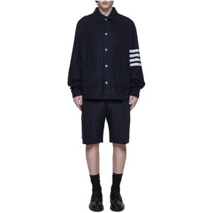 Thom Browne, Overhemden, Heren, Blauw, M, Wol, Blauwe Utility Jas met 4-Bar Motif