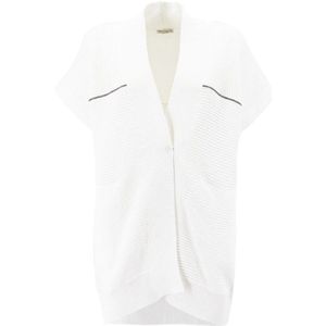 Brunello Cucinelli, Grafische Logo Cardigan in Wit en Multicolor Katoen Wit, Dames, Maat:S
