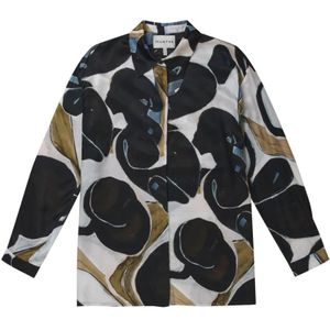 Munthe, Zijden blouse met abstracte print, lange mouwen en knoopsluiting Veelkleurig, Dames, Maat:3XL