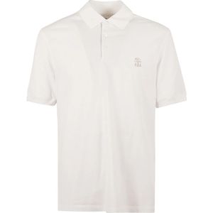 Brunello Cucinelli, Tops, Heren, Wit, L, Katoen, Witte Polo Shirt Katoen Geborduurd Logo