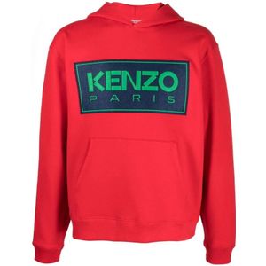 Kenzo, Sweatshirts & Hoodies, Heren, Rood, S, Katoen, Logo-Print Katoenen Hoodie voor Heren