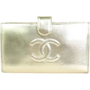 Chanel Vintage, Pre-owned, Dames, Geel, ONE Size, Tweed, Tweedehands Gouden Leren Dames Portemonnee