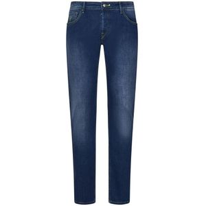 Hand Picked, Slim-Fit Blauwe Jeans met Logo Borduursel Blauw, Heren, Maat:W35