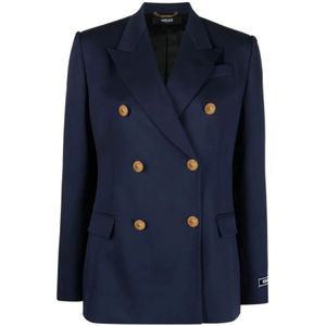 Versace, Navy Blue Double-Breasted Blazer Blauw, Dames, Maat:XS