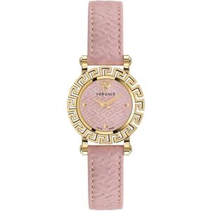 Versace, Accessoires, Dames, Roze, ONE Size, Greca Glam Leren Horloge Roze Goud