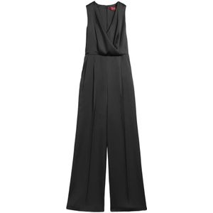 Max Mara Studio, Zwarte Satijnen Jumpsuit met V-Hals en Plooibroek Detail Zwart, Dames, Maat:3XS