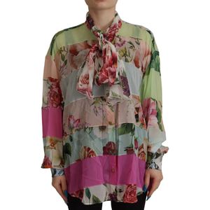 Dolce & Gabbana, Blouses & Shirts, Dames, Veelkleurig, S, Multicolor Bloemen Patchwork Ascot Kraag Blouse