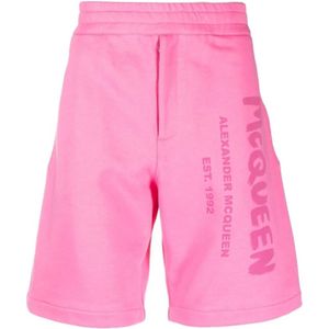Alexander McQueen, Korte broeken, Heren, Roze, S, Katoen, Roze Logo-Print Katoenen Shorts