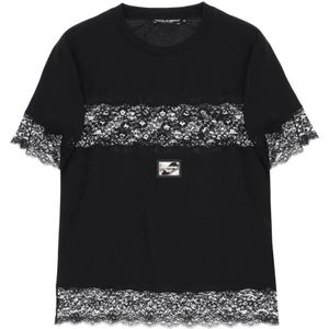 Dolce & Gabbana, Tops, Dames, Zwart, S, Katoen, Katoenen T-shirt met kanten inzetstukken