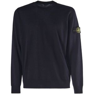 Stone Island, Truien, Heren, Blauw, L, Wol, Blauwe Wol Ronde Kraag Trui