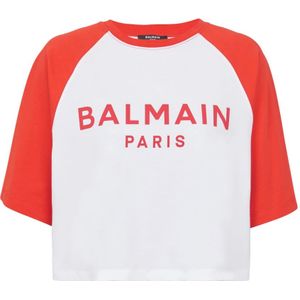 Balmain, Tops, Dames, Rood, XS, Katoen, Paris T-shirt