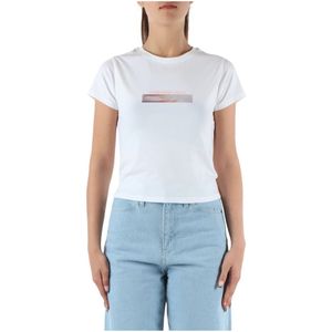 Calvin Klein Jeans, Tops, Dames, Wit, S, Katoen, Logo Print Cropped Stretch Cotton T-shirt