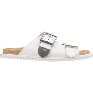 Chloé, Schoenen, Dames, Wit, 35 EU, Leer, Witte platte sandalen met oversized gesp