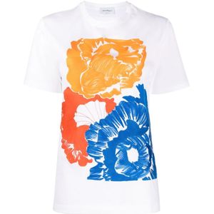 Salvatore Ferragamo, Tops, Dames, Wit, L, Katoen, Wit Katoenen T-Shirt met Bloemenborduursel