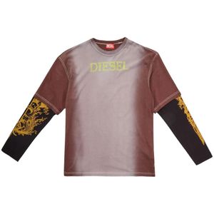 Diesel, Sweatshirts & Hoodies, Heren, Veelkleurig, L, Dubbele Laag T-Wesher Chocolade T-Shirt