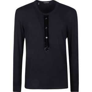 Tom Ford, Zwarte Henley Trui met Lange Mouwen Zwart, Heren, Maat:S