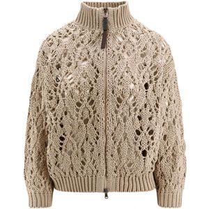 Brunello Cucinelli, Gevlochten Katoenen Rits Cardigan Beige, Dames, Maat:L