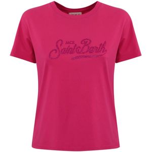 MC2 Saint Barth, Tops, Dames, Roze, M, Katoen, Fuchsia Geborduurd T-shirt Korte Mouw
