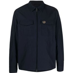 Fred Perry, Blauwe Gekreukelde Jas met Geborduurd Logo Blauw, Heren, Maat:L