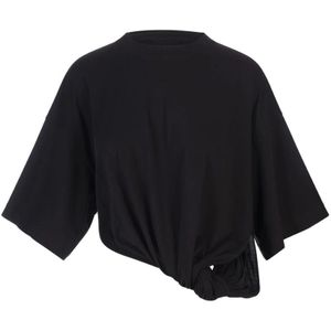 Sportmax, Tops, Dames, Zwart, M, Katoen, Zwarte Afghaanse T-shirt met Knoop Drape