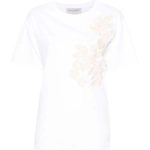 Ermanno Scervino, Tops, Dames, Wit, S, Katoen, Bloemen geborduurd T-shirt in wit