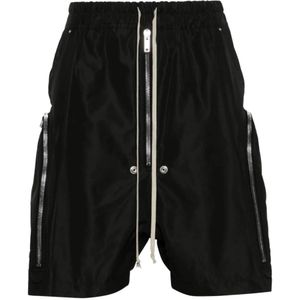 Rick Owens, Korte broeken, Heren, Zwart, XL, Polyester, Gerecyclede Zwarte Poplin Shorts met Geplooide Details