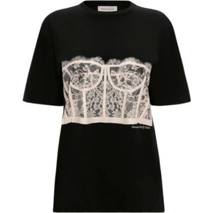 Alexander McQueen, Tops, Dames, Zwart, M, Katoen, Zwart Kant Korset Print T-shirt