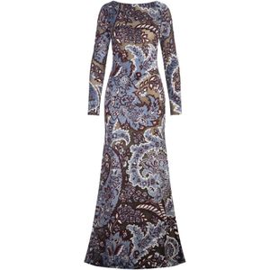 Etro, Kleedjes, Dames, Veelkleurig, S, Tule, Blauwe Bloemen Paisley Lange Jurk