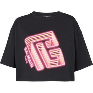 Balmain, Tops, Dames, Zwart, XS, Katoen, Geknipt T-shirt met neon bedrukt labyrintlogo