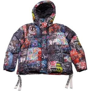 Khrisjoy, Nylon Graffiti Print Gewatteerde Jas - Zwart Zwart, Dames, Maat:S