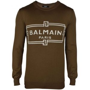 Balmain, Truien, Heren, Beige, M, Wol, Khaki Wollen Trui met Wit Logo