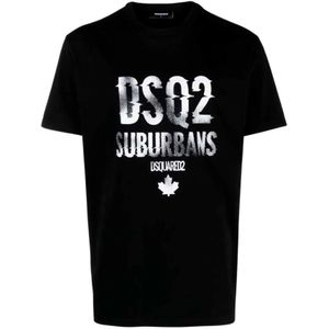 Dsquared2, Tops, Heren, Zwart, S, Katoen, Logo Print Katoenen T-shirt, Zwart