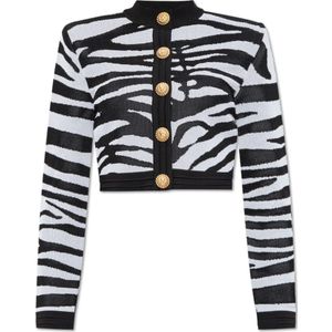 Balmain, Truien, Dames, Zwart, S, Leer, Cardigan met dierenprint