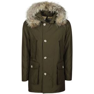 Woolrich, Jassen, Heren, Groen, M, Groene Afneembare Bont Parka