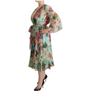 Dolce & Gabbana, Kleedjes, Dames, Groen, S, Katoen, Groene Bloemenprint Zijden Midi Jurk