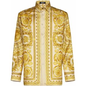Versace, Overhemden, Heren, Beige, XL, Satijn, Barocco Print Zijden Satijnen Overhemden