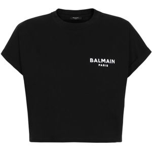 Balmain, Tops, Dames, Zwart, L, Katoen, Cropped Logo T-shirt