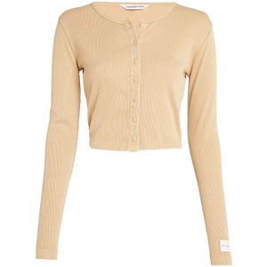 Calvin Klein Jeans, Truien, Dames, Beige, L, Katoen, Geribbelde Korte Mouw Top Beige