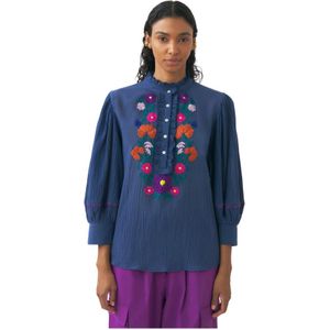 Antik Batik, Met de hand geborduurde blouse Clotilda Blauw, Dames, Maat:M