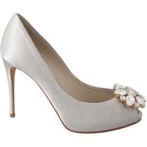 Dolce & Gabbana, Schoenen, Dames, Wit, 38 1/2 EU, Satijn, Witte kristallen Peep Toe Hakken Satijnen Pumps Schoenen